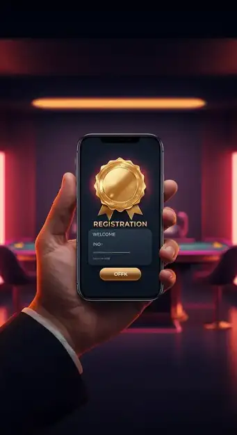Een overzicht van het snelle registratieproces bij Betsixty Casino, met een computer die de eerste stap van de aanmelding toont, omringd door vrolijke spelers.